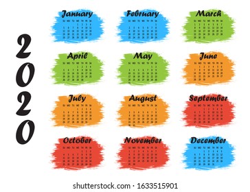 Colorful template yearly calendar 2020. Week starts on Sunday. Vector illustration