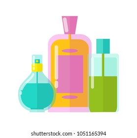 Colorful templates three vials vector illustration of different shape bottles with orange green and blue liquids, various lids isolated on white backdrop