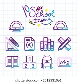 Colorido diez iconos de la escuela colección en la Ilustración vectorial de papel de cuadrícula