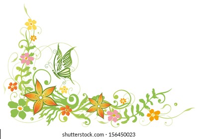 Colorful tendril with flowers and butterfly, spring time.