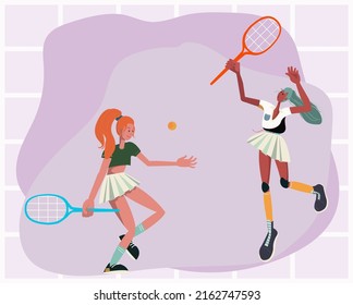 Colorful tenis woman player silhouettes. A tennis player woman sports person design element. Two girls wearing white skirts and playing tennis.