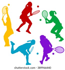 Colorful tenis woman player silhouettes