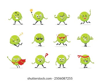 Colorful tennis ball characters display various emotions and actions, bringing a carefree and joyful mood.