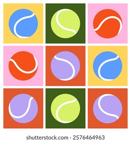 Colorful tennis balls pattern. Abstract vector background with tennis balls in vibrant squares. Sports-themed illustration for design and decoration.