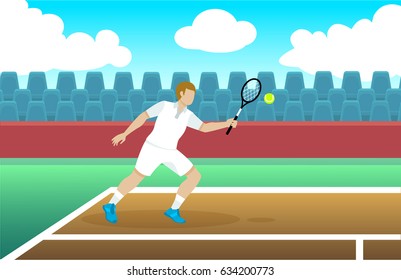 Colorful tennis player template with sportsman holding racket and hit ball on court vector illustration