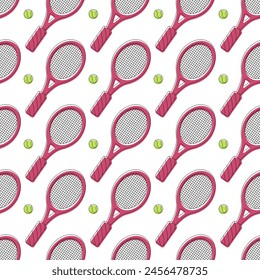 Colorful Tennis rackets and balls. Sport equipment, fitness concept. Hand drawn modern 