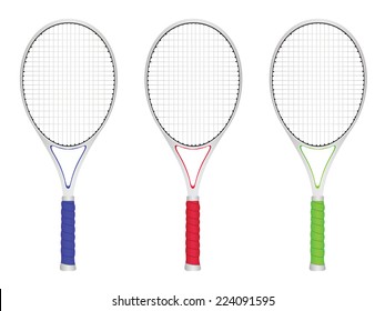 Colorful tennis rackets set on white background.