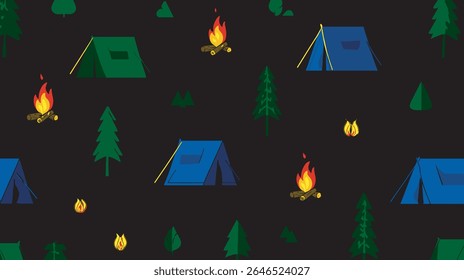 Colorful tents campfires populate dark outdoor camping illustration scenery background
