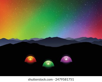 Colorful tents at night. Camping in mountains. Rainbow aurora borealis