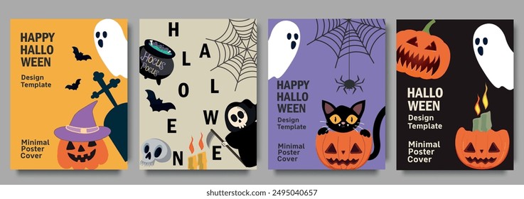 Colorful terndy Halloween greeting cards with cute ghosts, pumpkins, and spooky elements. Template design for festive background, cover,  banner, flyer, advertising, web. 