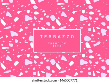 Colorful terrazzo flooring pattern with realistic color stones and rocks on pink background. Traditional stone material tile vector illustration.