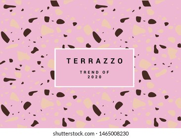Colorful terrazzo flooring pattern with realistic color stones and rocks on pink background. Traditional stone material tile vector illustration.