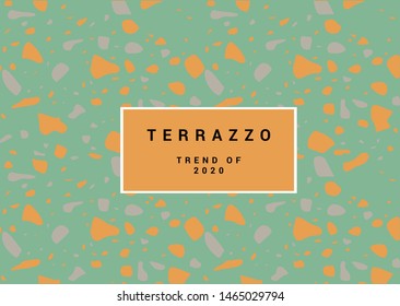 Colorful terrazzo flooring pattern with realistic color stones and rocks on green background. Traditional stone material tile vector illustration in modern art deco style.