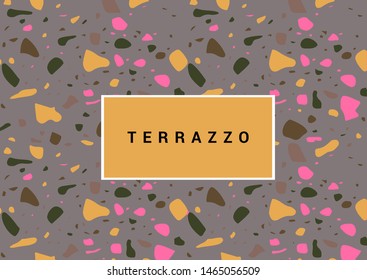 Colorful terrazzo flooring pattern with realistic color stones and rocks on grey background. Traditional stone material tile vector illustration in modern art deco style.