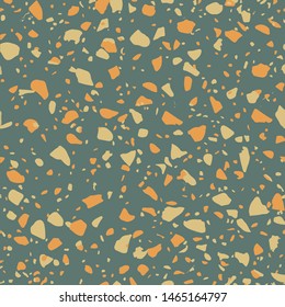 Colorful terrazzo flooring pattern with realistic color stones and rocks on green background. Traditional stone material tile vector illustration in modern art deco style.