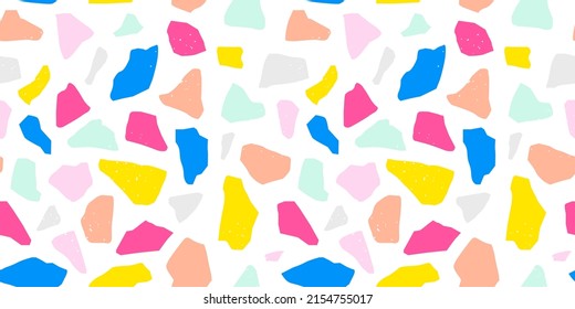 Colorful terrazzo flooring seamless pattern with bright marble rocks. Children style material background of mosaic stone. Trendy fashion print wallpaper for textile project or web backdrop.