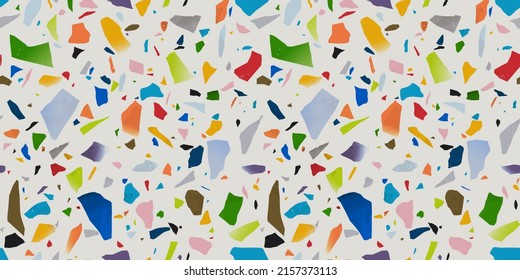 Colorful terrazzo flooring seamless pattern with bright color marble rocks. Realistic interior material background of mosaic stone. Trendy fashion print wallpaper for textile project or web backdrop.