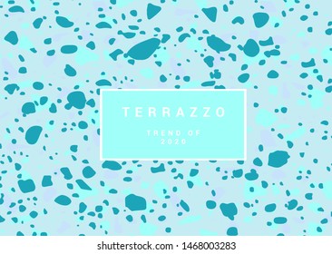 Colorful terrazzo neo memphis style pattern with color stones and rocks. Traditional stone material tile vector background in ocean blue color.