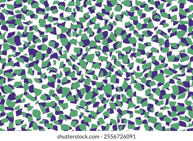 Colorful terrazzo pattern with green and purple abstract shapes on a white background. Perfect for modern design, home decor, and creative projects.