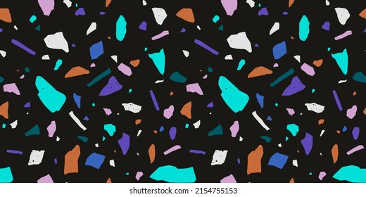 Colorful terrazzo seamless pattern in natural pastel colors with abstract mosaic stone shapes. Vintage 90s terrazo minimalist art background ideal for print, fashion or trendy design.