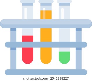 Los tubos de ensayo coloridos que contienen líquidos químicos dentro de un bastidor de laboratorio representan un experimento científico, un análisis o una actividad de investigación