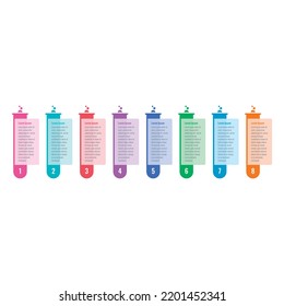 plantilla infográfica de tubos de ensayo coloridos. plantilla de infografía de ocho pasos. Internet, revista, plantilla de información de informes anuales. infografía para el mundo de la ciencia, la educación