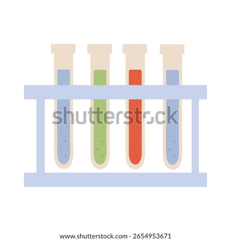 Colorful test tubes in a laboratory stand display various liquid samples under bright lighting. Isolated vector illustration in flat style on white background.