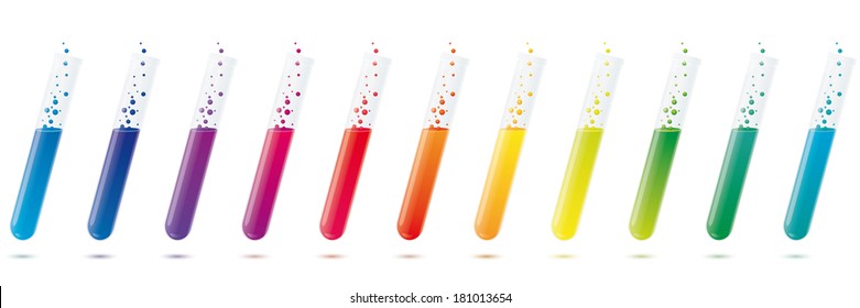 Colorful test tubes vector design elements. Test tubes filled with bubbling liquids in all colors of the rainbow vector illustration.