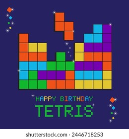 Colorful Tetris game with happy birthday Tetris greeting card on blue background. Background Tetris game. Multicolored figures. Greeting card. Vector illustration