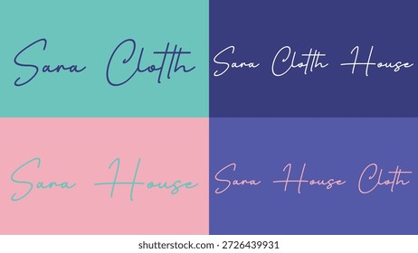 Colorful text based logo variations for fashion brand sara cloth house with different backgrounds