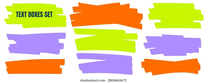 Colorful text box frames for emphasis labels and bold poster banners. Green orange purple marker patches with rough painted edges. Vector text box callout set for highlight badges and signs isolated.