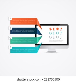 colorful text boxes with realistic 3d computer monitor with infographic wallpaper  can be used for workflow layout, diagram, chart, number options, web design. Eps 10 stock vector illustration