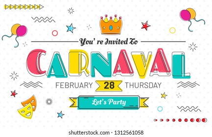 Colorful text carnaval with other decorative elements, Party invitation card or poster design.