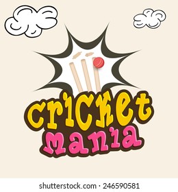 Texto colorido Cricket Mania com tocos wicket batendo por bola vermelha em nuvens fundo decorado.