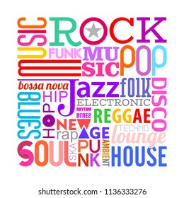 Colorful text design composition with many different musical style names isolated on a white background Music styles vector illustration. Layers of the text background. 