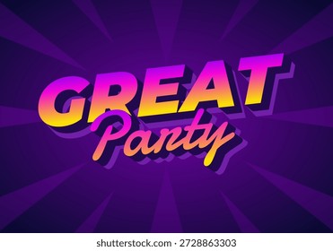 Diseño de texto colorido con las palabras GREAT Party en un estilo degradado vibrante contra un fondo púrpura oscuro con líneas radiantes.