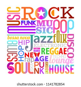 Colorful text design isolated on a white background Music styles vector illustration. Layers of the text background.