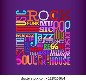 Colorful text design isolated on a dark violet background Music styles vector illustration. Layers of the text background.