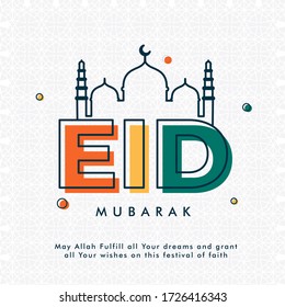 Colorful text Eid Mubarak and line-art mosque on white background. 