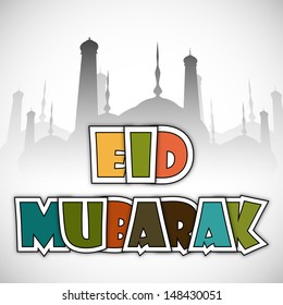 Farbiger Text Eid Mubarak mit Blick auf Moschee für muslimische Gemeinde Festival. 