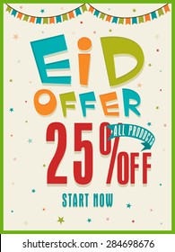 Texto colorido Oferta de Eid con 25% de descuento en estrellas y accesorios decorados de fondo, se puede usar como afiche, banner o diseño de volante. 