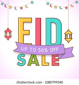 Colorful text Eid Sale with upto 50% off offers on hanging lanterns white background. 