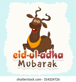 Colorful text Eid-Ul-Adha Mubarak with goat on stylish background for muslim community festival of sacrifice celebration.