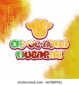 Colorful text Eid-Ul-Adha Mubarak with Sheep Face on abstract background for Muslim Community, Festival of Sacrifice Celebration.