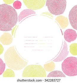 Colorful text frame. Seamless texture with circles. Pink and yellow colors. Endless. Hand drawn beads. Round elements. Stylized backdrop with arcs. Can be used as seamless pattern.