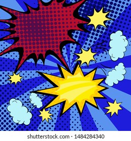 Colorful text frames. Explosions, sparks and smoke. Vector illustration in pop art style. 