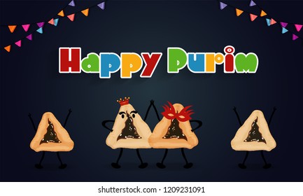 Colorful text Happy Purim with Hamantaschen cookies as king queen character on black background. Can be used as poster or greeting card design.
