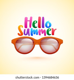 Colorful text of Hello Summer and sunglasses on glossy background. Can be used as poster or template design.