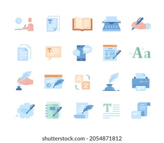 Colorful text icons. Bright graphic elements for websites. Writing texts, essays, testimonials, reviews