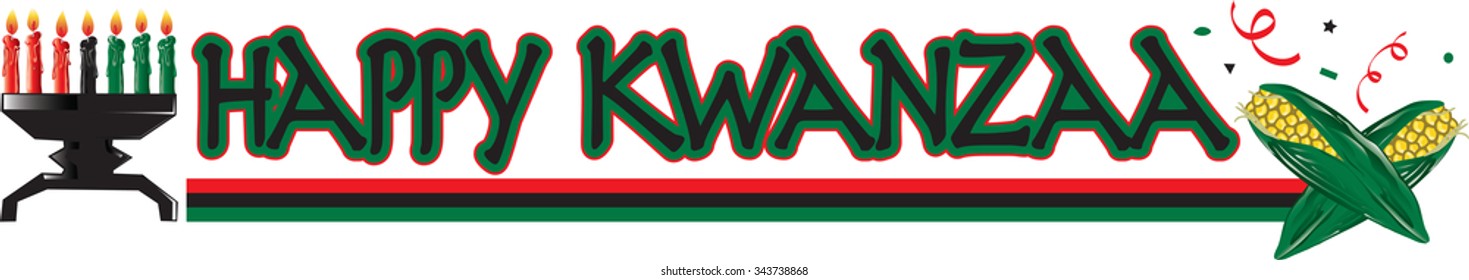 Colorful text with images that says Happy Kwanzaa
